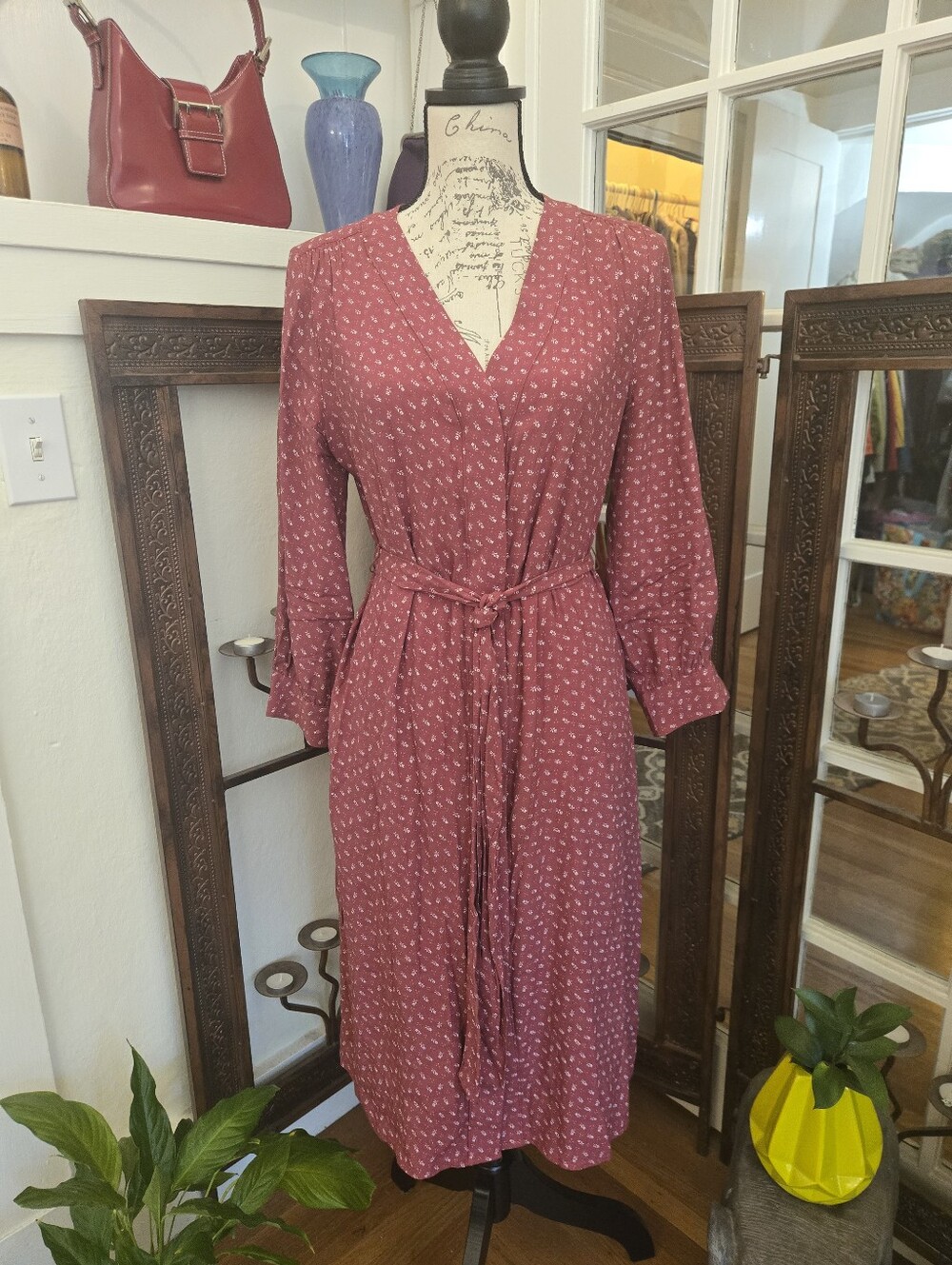 Gap Cranberry Floral Midi Shirt Dress, Sz M/L